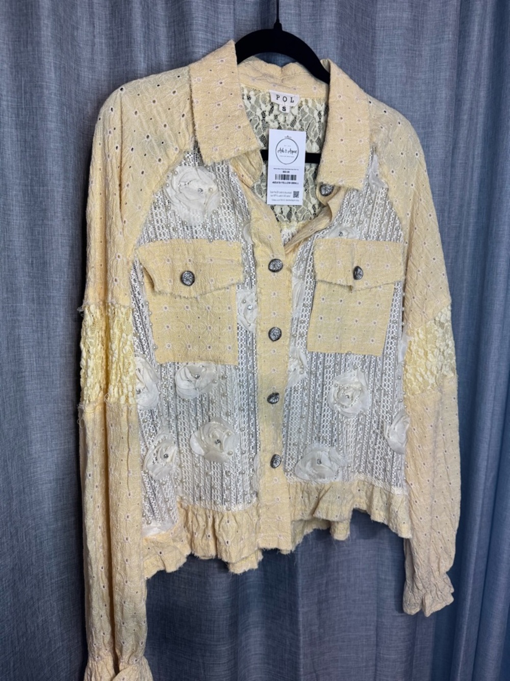 POL Yellow & Cream Floral Lace Mixed-Media Jacket